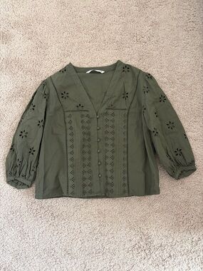 Zara Olive Eyelet Button-Front V-Neck Blouse